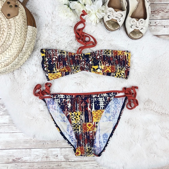 Target Aztec Print Colorful Tie Bandeau Bikini Set - Picture 1 of 7